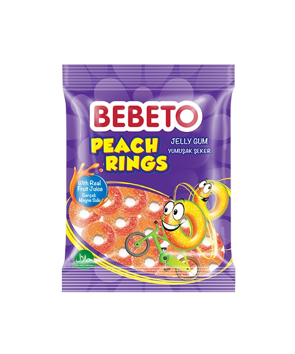 Bonbons Peach Rings - Anneaux de Pèche - Fabriqué avec du Vrai Jus de Fruit - Bebeto - Halal - Sachet 80gr