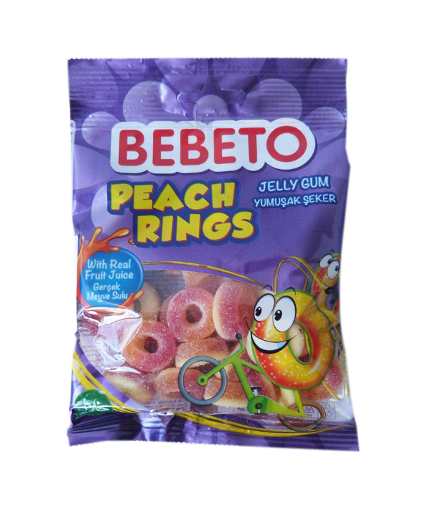 Bonbons Peach Rings - Anneaux de Pèche - Fabriqué avec du Vrai Jus de Fruit - Bebeto - Halal - Sachet 80gr