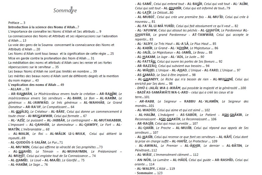 Explication des noms d'Allah - Cheikh 'Abd ar-Rahman As-Sa'dî Sommaire