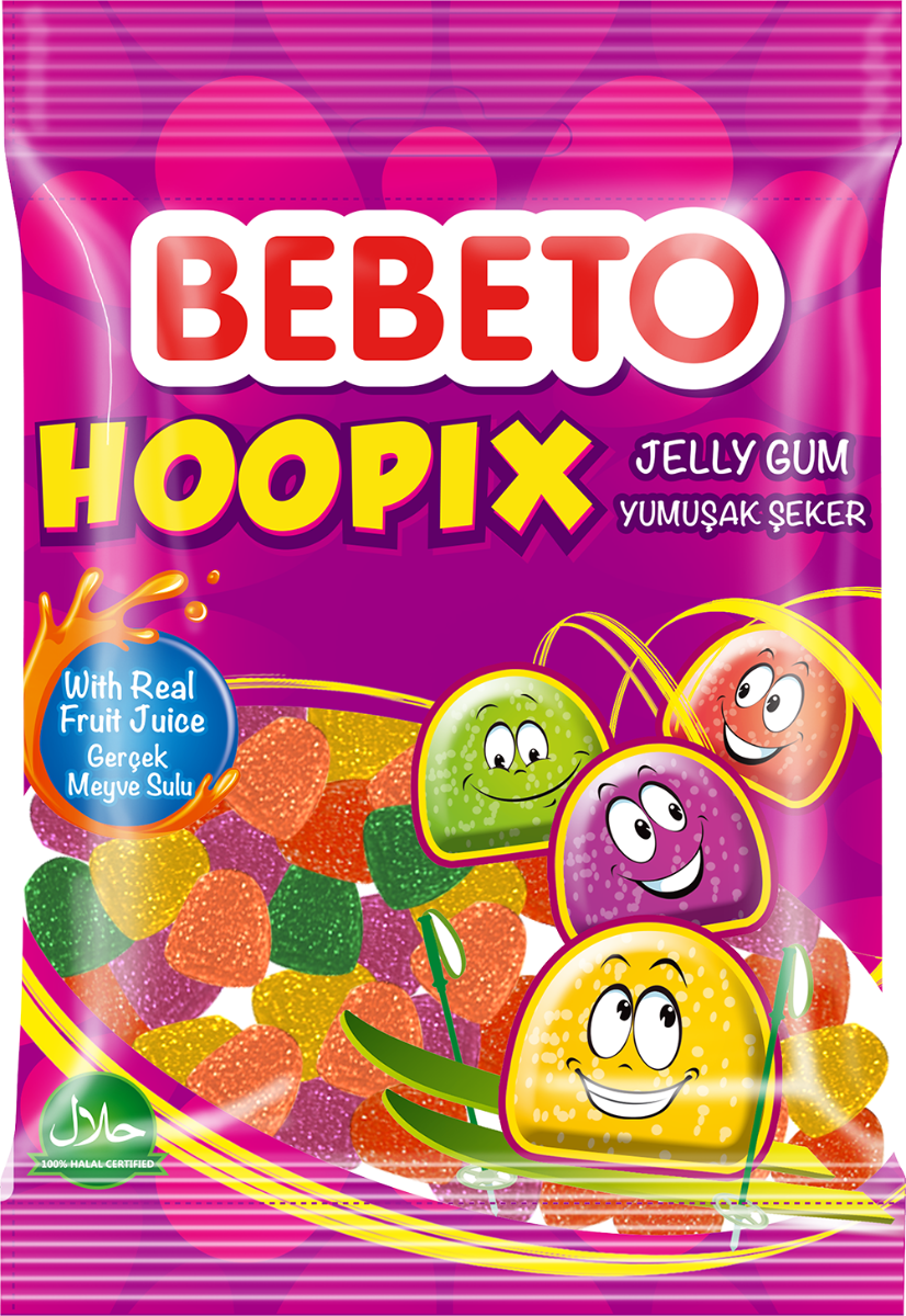 Bonbons Halal Hoopix - Fabriqué avec du vrai Jus de Fruit - Bebeto - Sachet 80gr