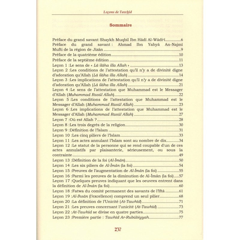 Leçons de Tawhid (al-Qawl al-Mufid) – Cheikh Mohammed Ibn ‘Abdel-Wahhâb al-Wassâbi sommaire