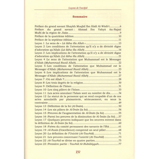 Leçons de Tawhid (al-Qawl al-Mufid) – Cheikh Mohammed Ibn ‘Abdel-Wahhâb al-Wassâbi sommaire