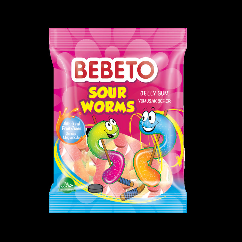 Bonbons Sour Worms - Fabriqué avec du Vrai Jus de Fruit - Bebeto - Halal - Sachet 80gr